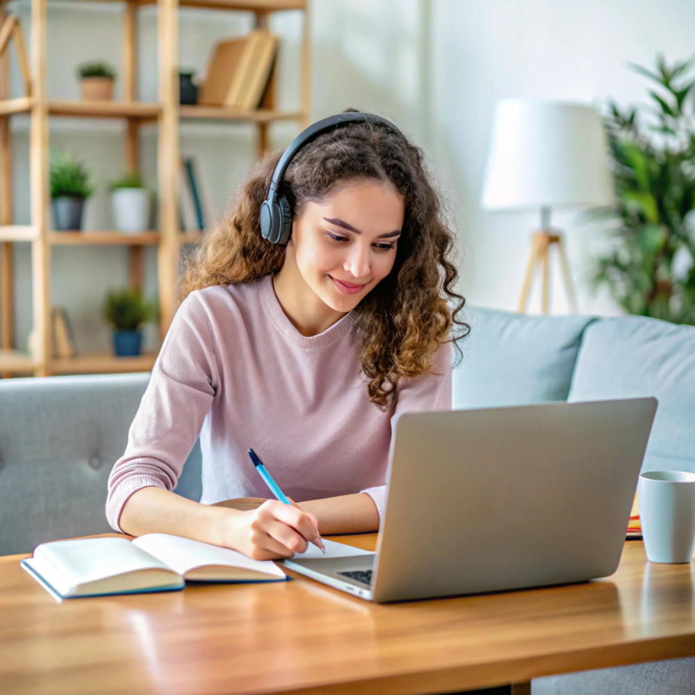 Student studying online with headphones